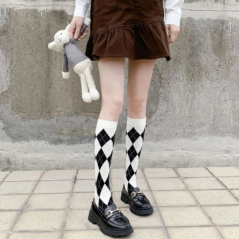 Women's Organic Cotton Diamond Thigh High Socks – Textured Long Socks - lily supply