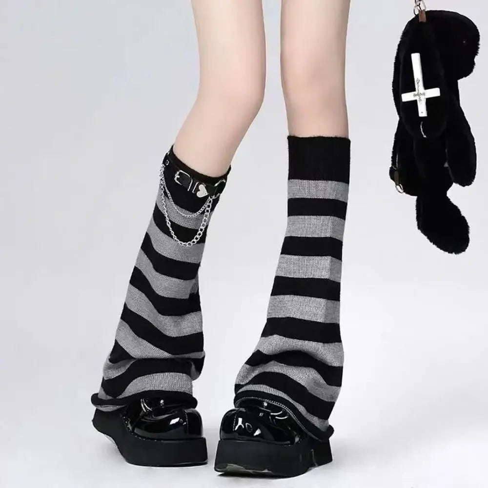 Black White Lolita Long Socks Knitted Japanese Winter Socks Gothic Women's Striped Leg Warmers Arm Ankle Warmers Wide Legs Cover