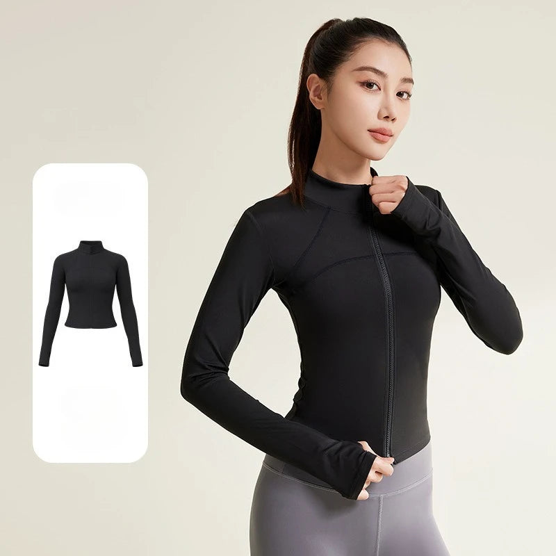 Women's Slim Zip Sports Yoga Coat - Long Sleeve Gym Running UV Protection