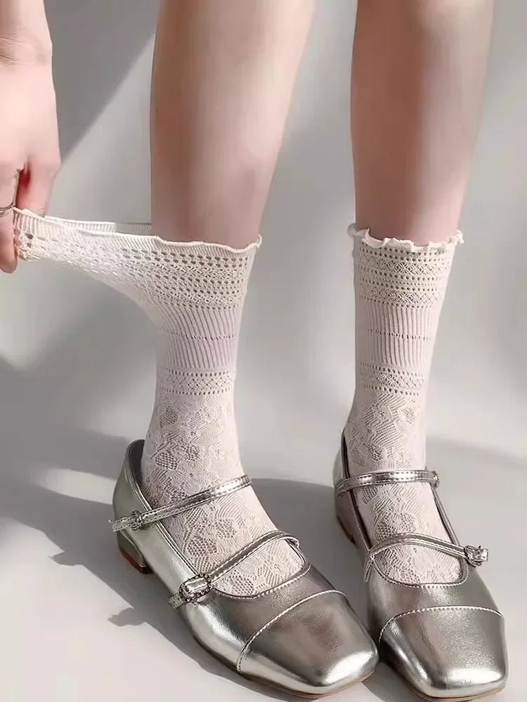 Women's Hollow Lace Y2K Mid Calf Socks - Black White Breathable Lolita Style - lily supply