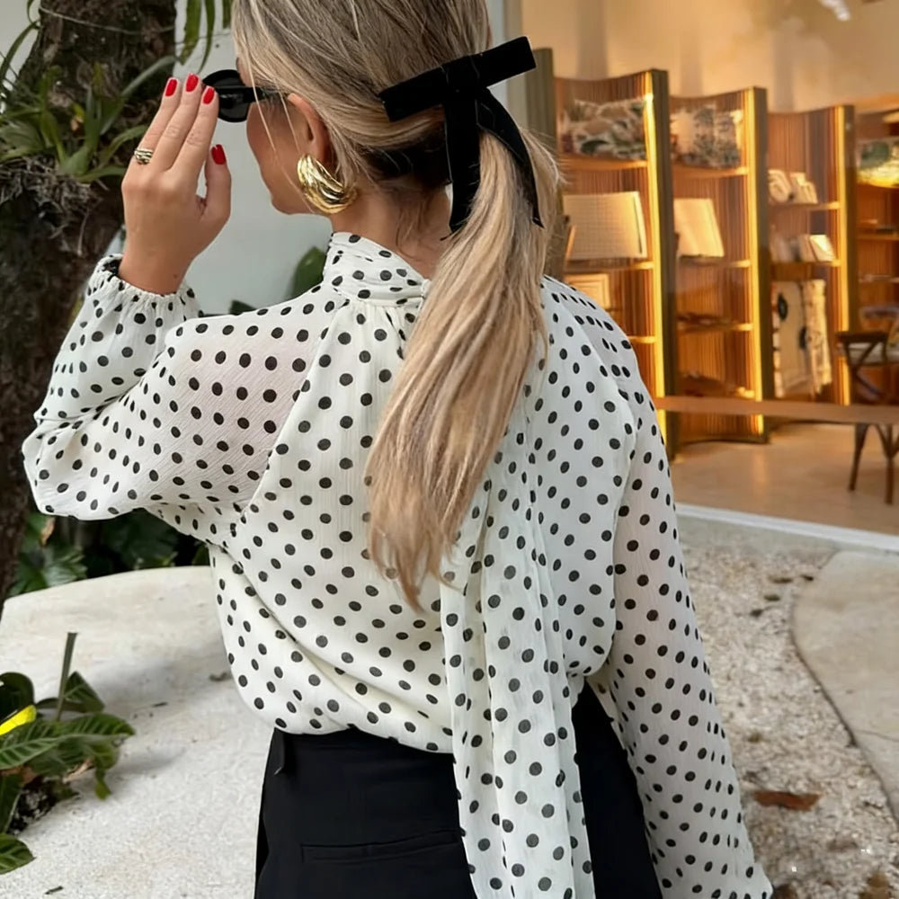 Women's Dot Print Chiffon Lantern Sleeve Blouse