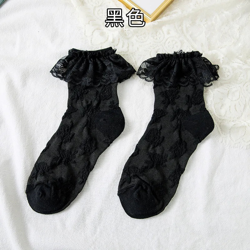Women's Lolita Lace Ruffle Mesh Socks - Black White Sweet Japanese Fashion - lily supply