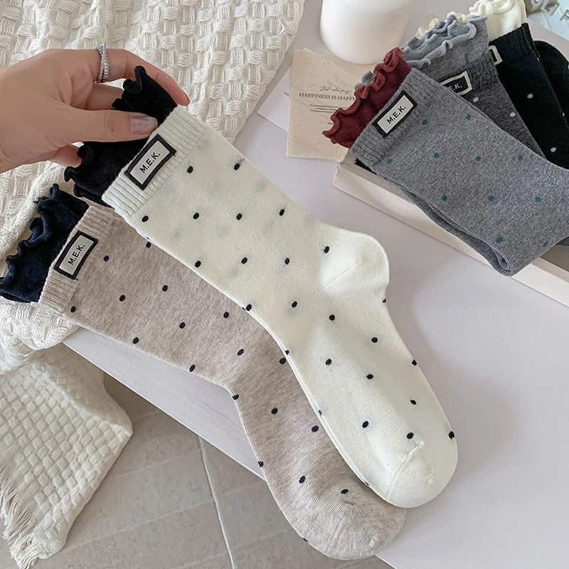Women's Frilly Dots Preppy Long Cotton Socks – Sweet Knee High Socks - lily supply