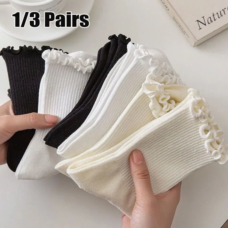 Women's Ruffle Mid Tube Ankle Socks - Breathable Cotton Black White Beige - lily supply