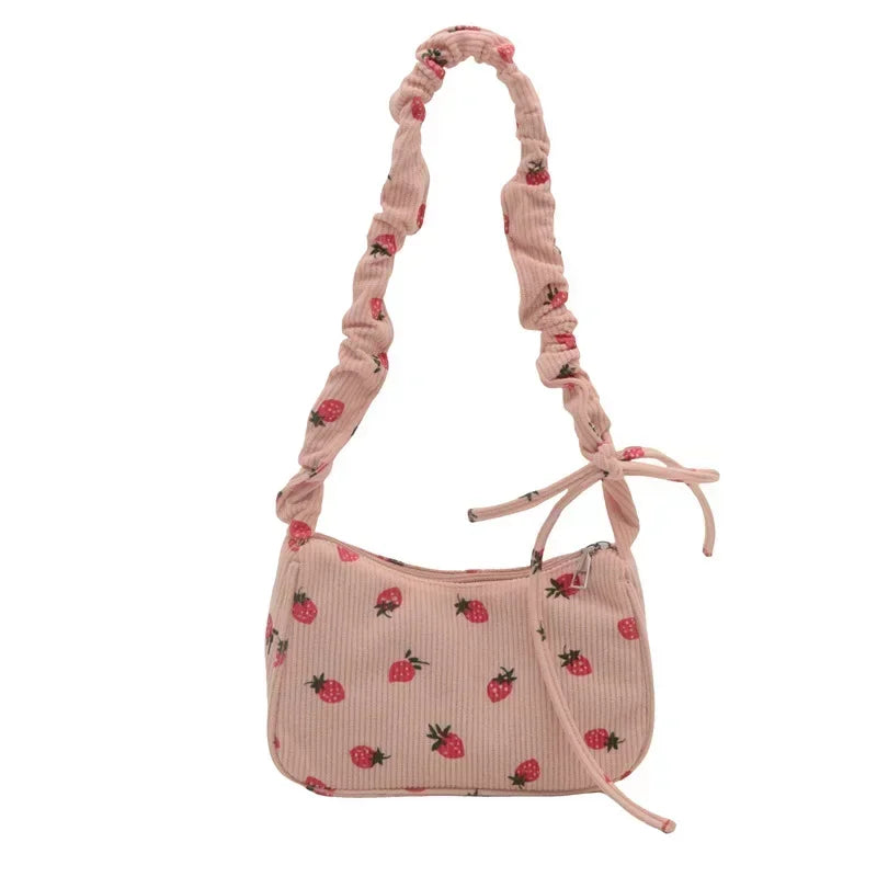 Women's Corduroy Strawberry Mini Shoulder Bag - Cute Half Moon Tote