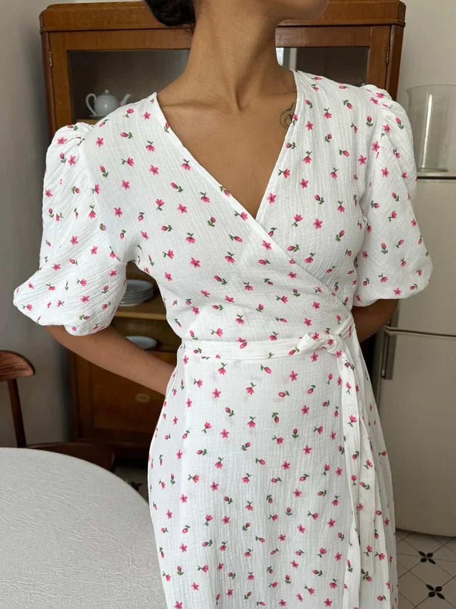 Women's Printed Lace-Up Cotton Maxi Dress