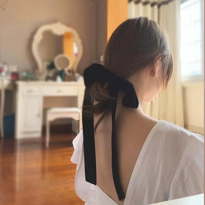 Vintage Black Velvet Bow Hair Ribbon Scrunchie - Long Elastic Hair Tie - lily supply