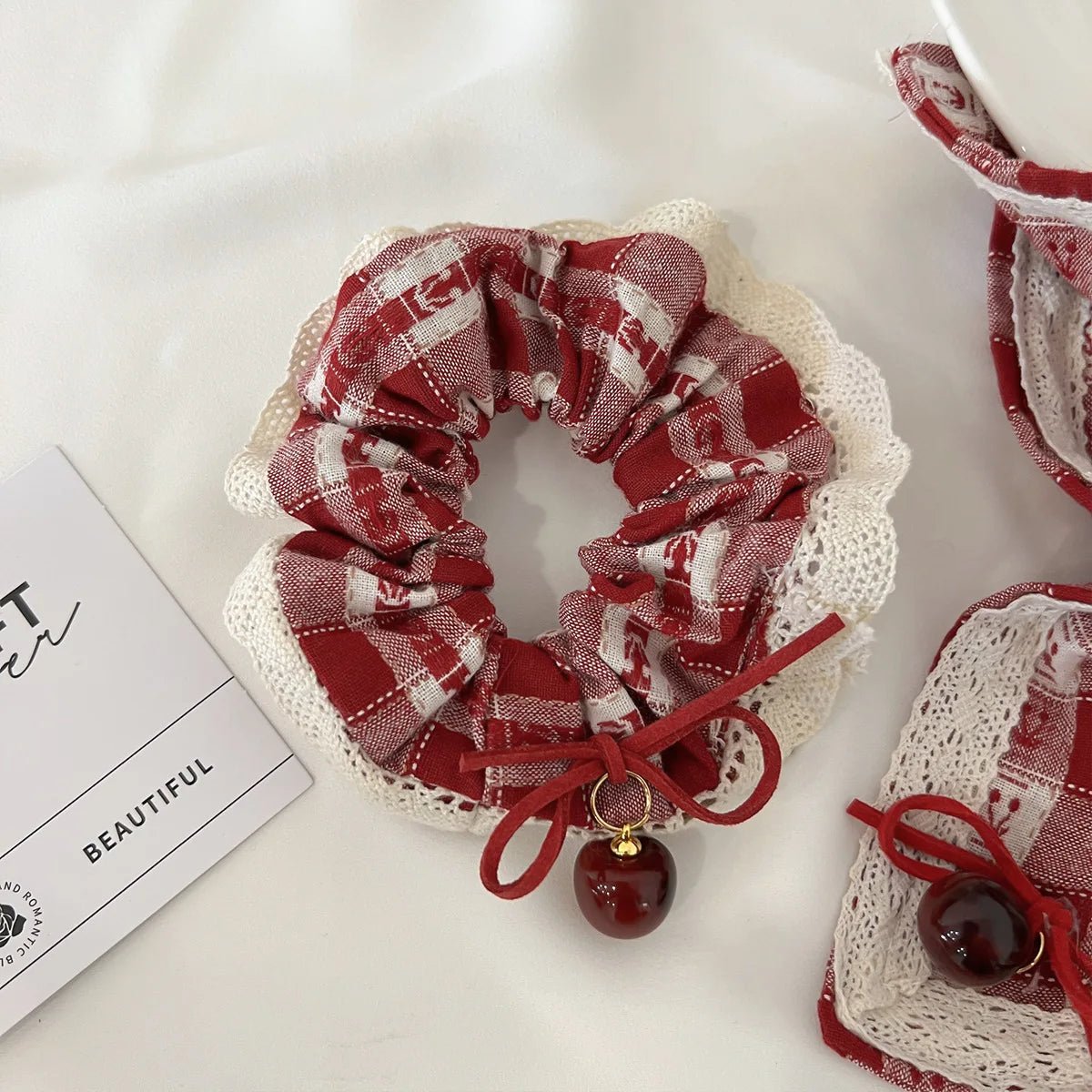 Red Check Cherry Lace Scrunchie - Sweet Square Scarf Hair Rope - lily supply