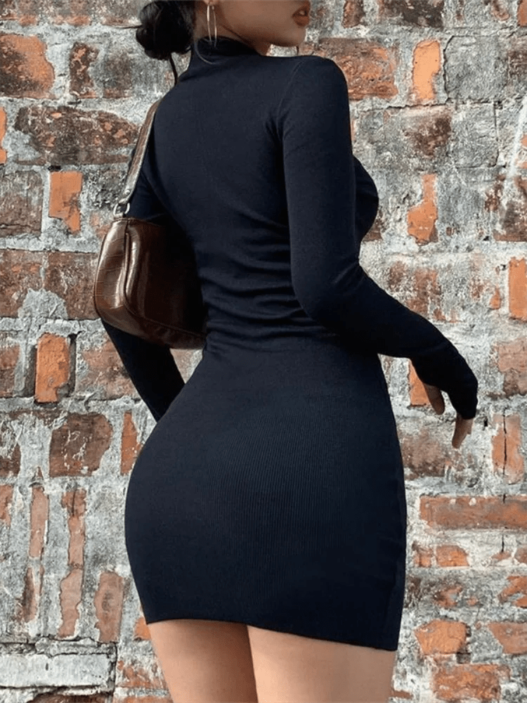 Long Sleeve Dresses for Women Black Sexy Club Bodycon Mini Dress Y2k High Waist Ladies Korean Short Dress Basic Autumn Winter - lily supply