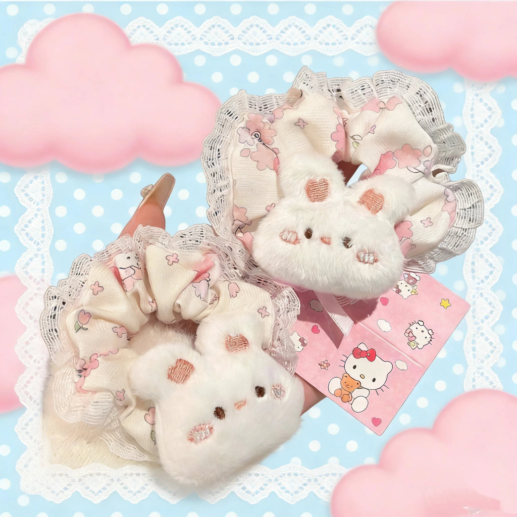 Cute Pink Bunny Hair Scrunchies - Aesthetic Ponytail & Bun Hair Ties - lily supply
