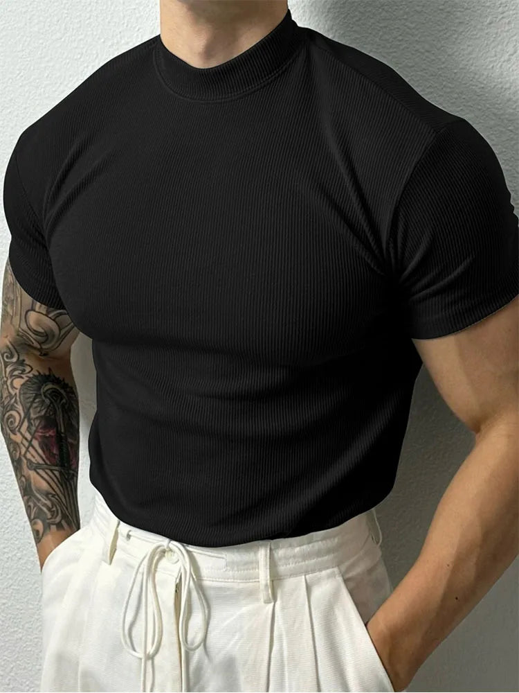 Men's High Collar Stripe Fitness Sport T-Shirt