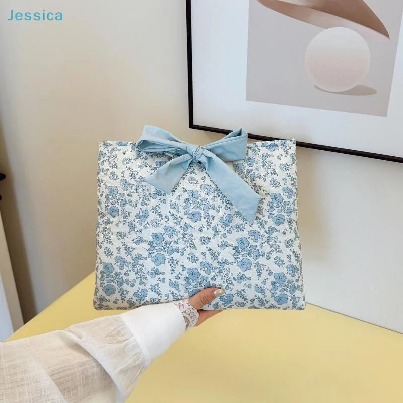 Blue Floral Bow Cotton Linen Tote Bag - Lightweight Daily & Beach Shoulder Bag - lily supply