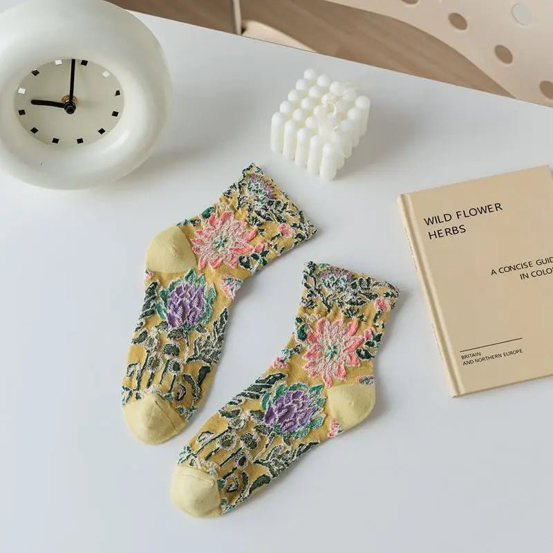 Women's Floral Embossed Harajuku Cotton Long Socks – Textured Knee Socks - lily supply