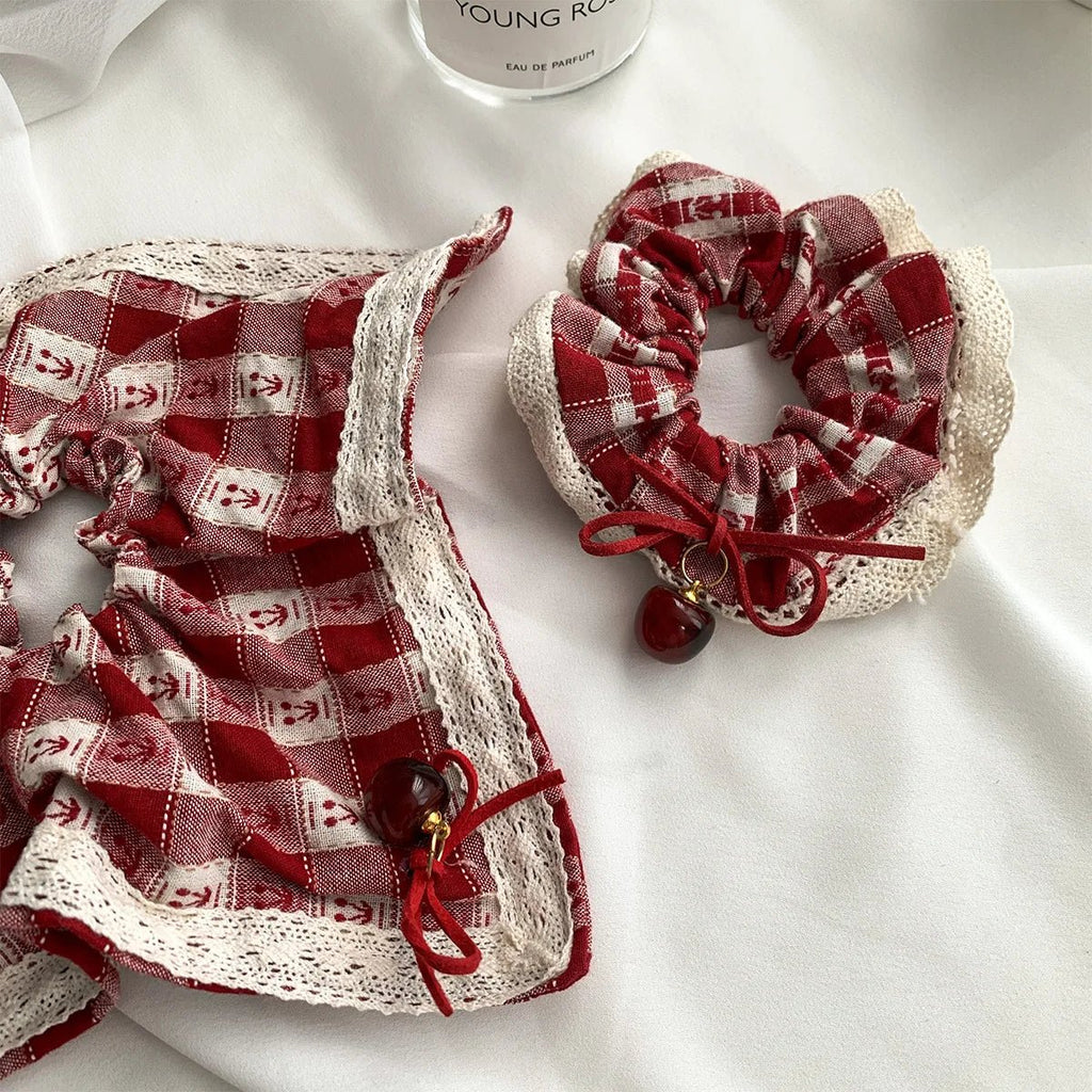 Red Check Cherry Lace Scrunchie - Sweet Square Scarf Hair Rope - lily supply