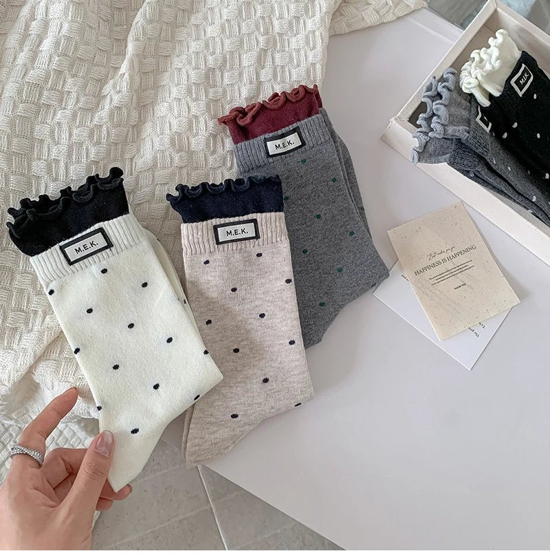 Women's Frilly Dots Preppy Long Cotton Socks – Sweet Knee High Socks - lily supply