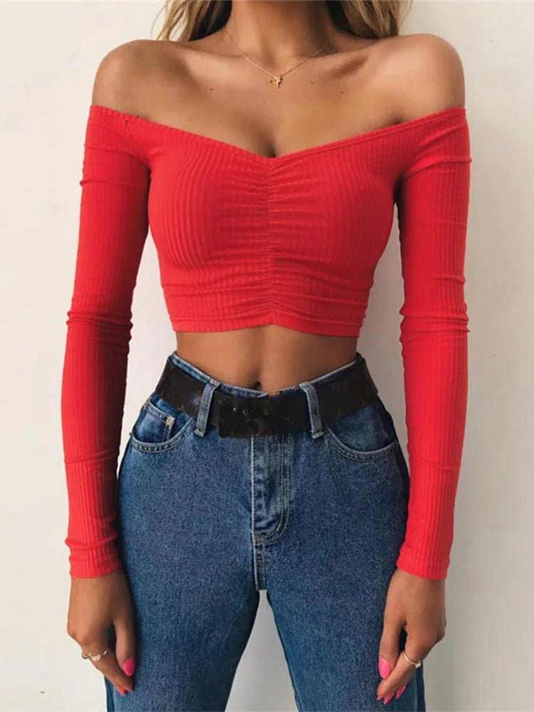 women T-shirts sexy and club fashion female T-shirt long sleeve off shoulder solid color lady Tshirt autumn basic tees - lily supply
