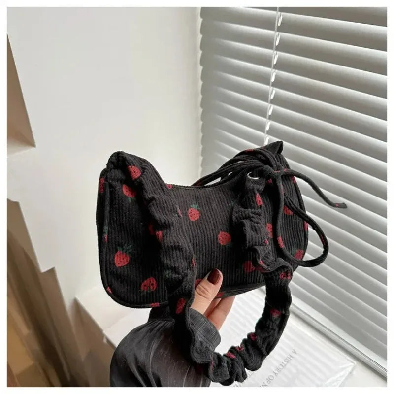 Women's Corduroy Strawberry Mini Shoulder Bag - Cute Half Moon Tote