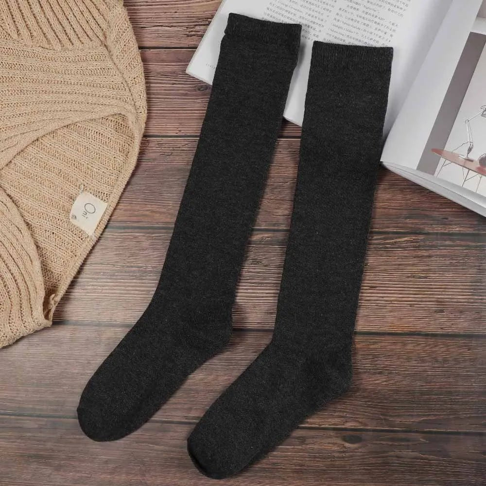 Women's JK Cotton Knee High Long Socks - Solid Colour Black White Calf Socks - lily supply