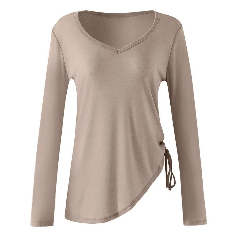 Women's yoga sports T-shirt, drawstring light thin sports loose hip covering irregular fitness long sleeved cover shirt - lily supply