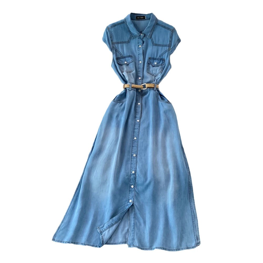 Denim Dress Women Vintage Dresses Turn Down Collar Single Breasted Washed Pockets Tight Waist Vestidos Streetwear 2025 A Line - lily supply