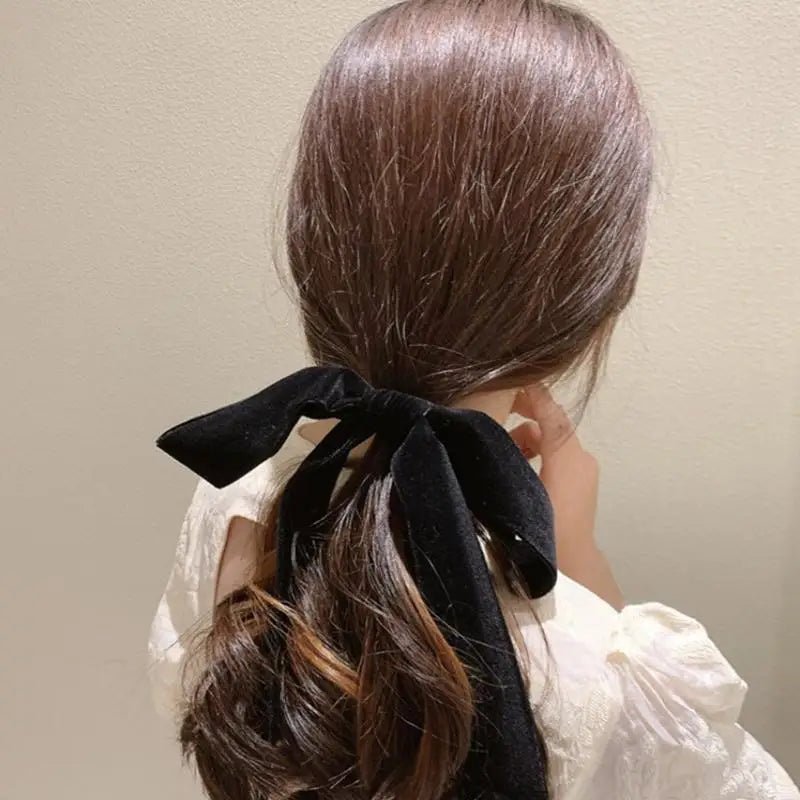 Vintage Black Velvet Bow Hair Ribbon Scrunchie - Long Elastic Hair Tie - lily supply