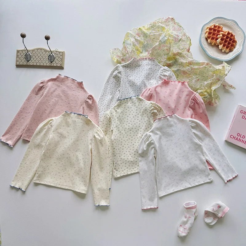 Girls' Floral T-shirt Half High Neck Top - Spring Autumn Baby Long Sleeve Base Layer Shirt with Trendy Temperament - lily supply