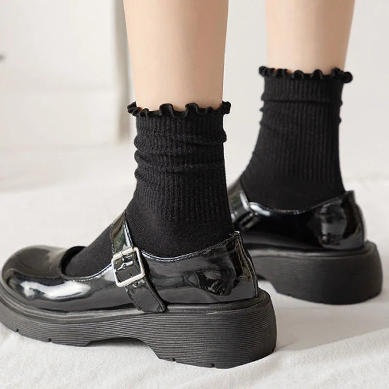 Women's Ruffle Mid Tube Ankle Socks - Breathable Cotton Black White Beige - lily supply