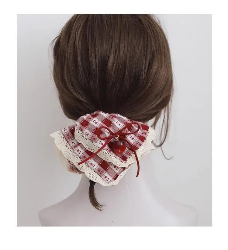 Red Check Cherry Lace Scrunchie - Sweet Square Scarf Hair Rope - lily supply