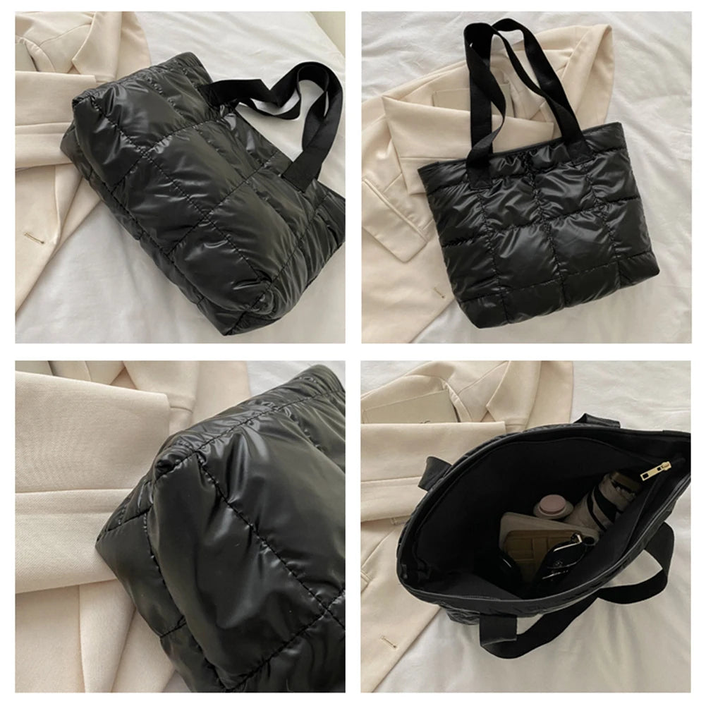 Women's Quilted Rhombus Cotton Padded Tote Bag - Large Capacity Shopping Bag