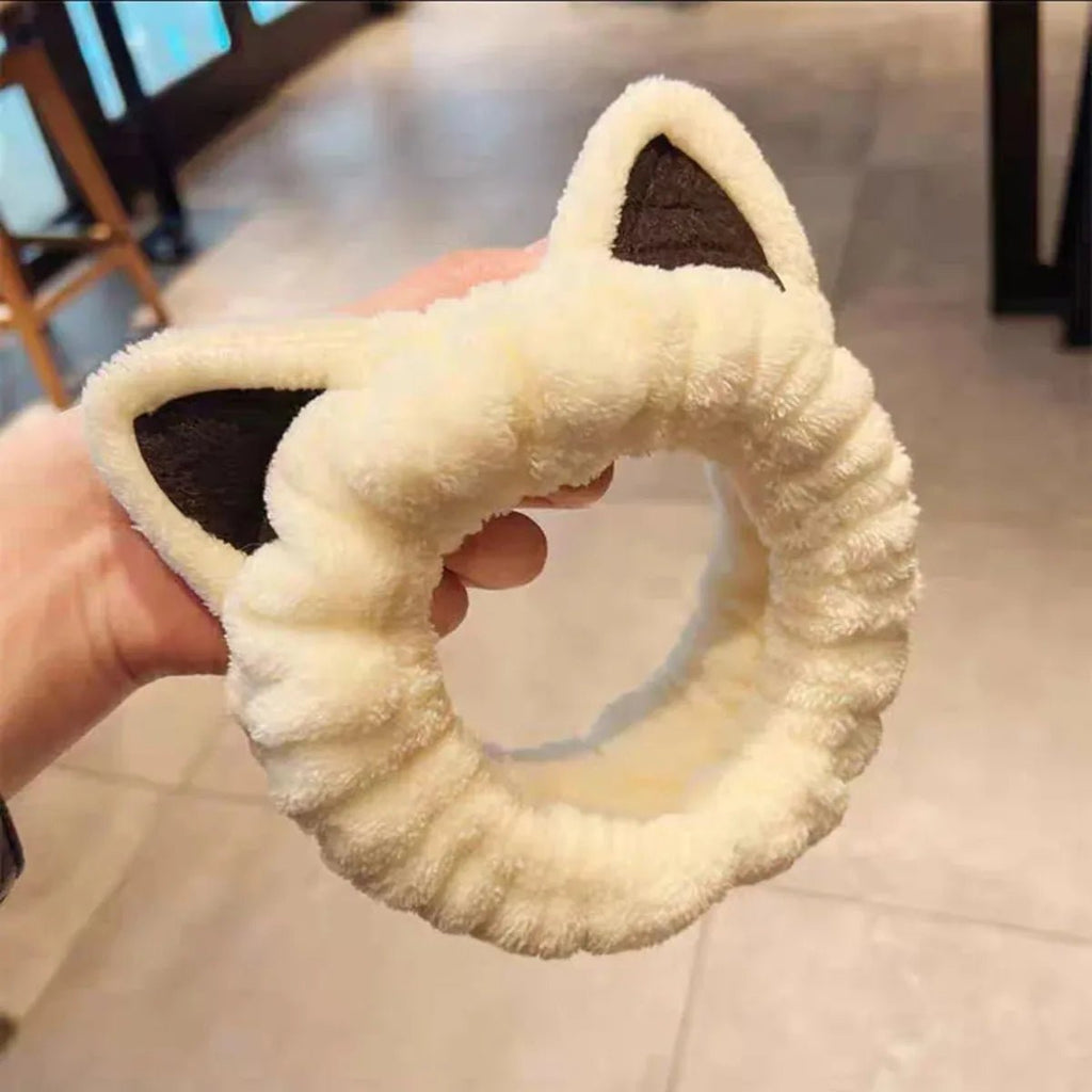 Cartoon Cat Ear Headband Plush Coral Fleece Face Wash Hairband Cute Non - Slip Hair Accessories for Women Teens - lily supply