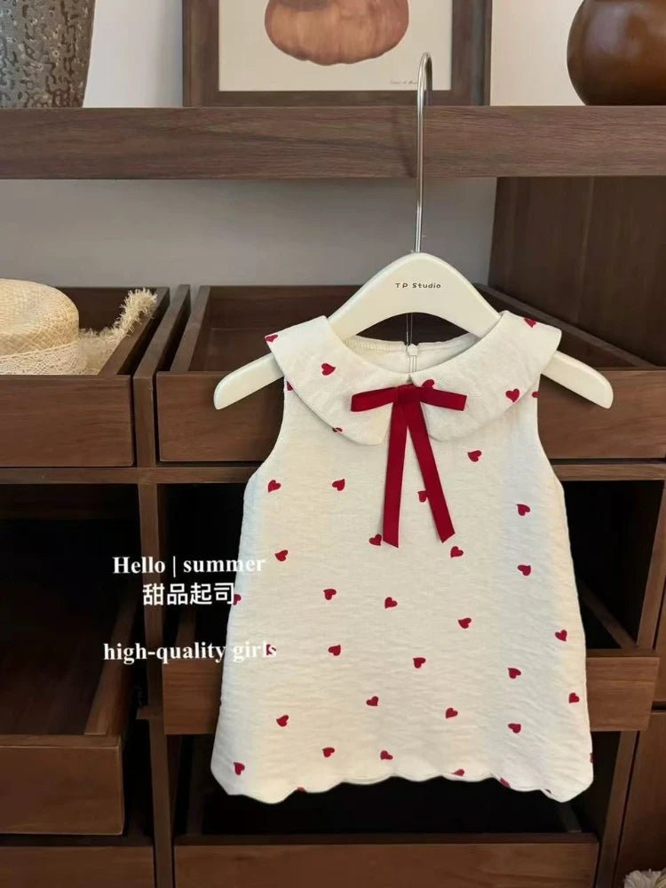 Girls Sweet Heart Print Doll Neck Tank Dress | Korean Style Cotton Summer Dress Ages 3 - 8Y - lily supply