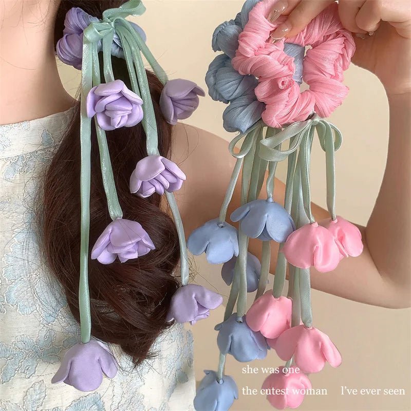Lily of the Valley & Tulips Floral Scrunchie - Dangling Ribbon Hair Tie - lily supply