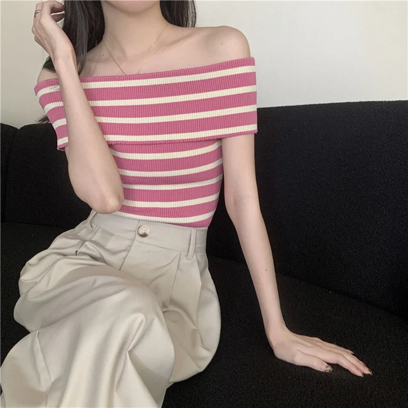 Women's Striped Knitted T-Shirt - Sexy Off Shoulder Short Sleeve Slim