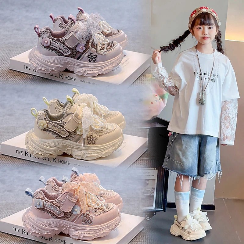 Girls Princess Sneakers Sweet Lace Beading Bows Children Sports Shoes Mesh Breathable 2025 Autumn New Kids Running Shoes Soft - lily supply
