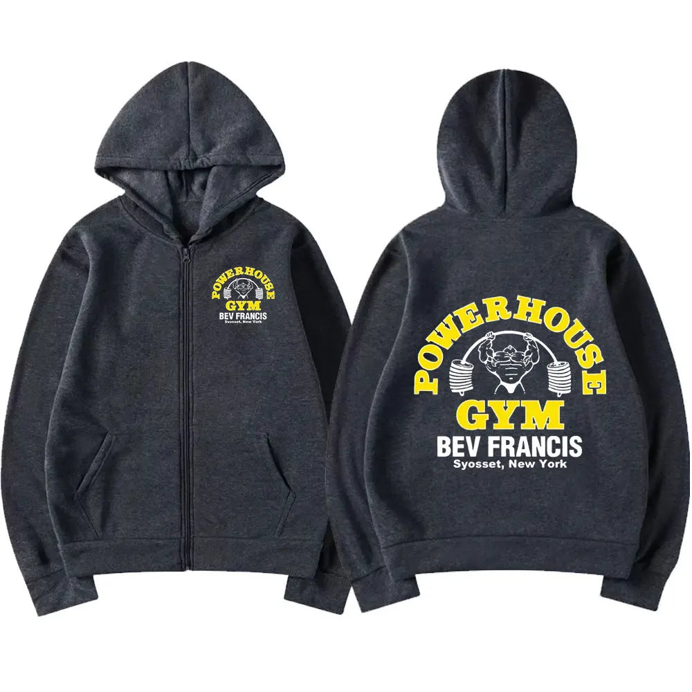 Powerhouse Gym Logo Zip Up Hoodie - Oversized Gothic Streetwear Sweatshirt