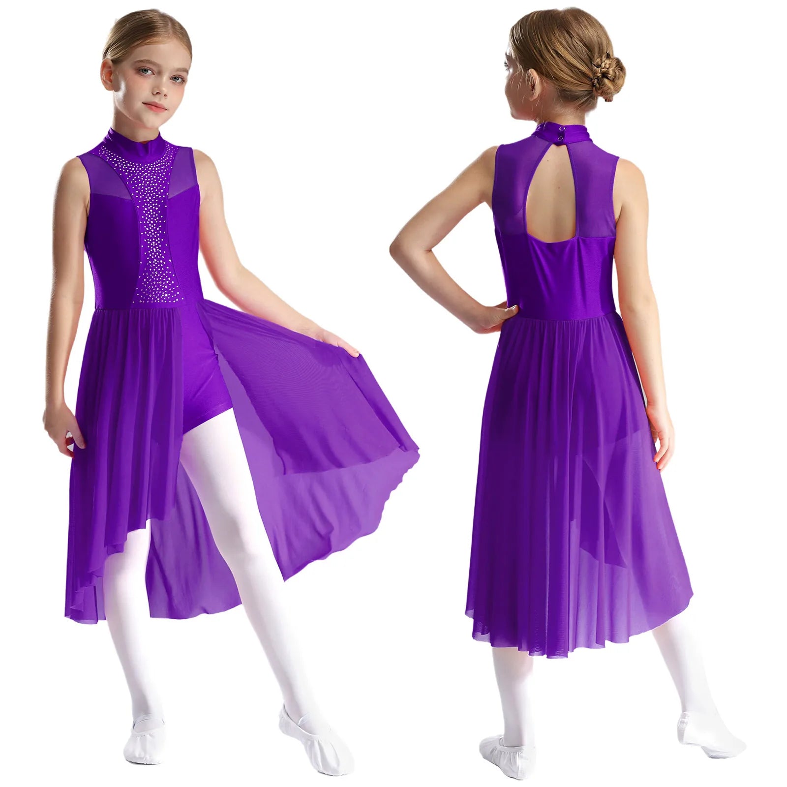 Girls Lyrical Dance Dress | Rhinestone Mesh Keyhole Back Leotard Costume Size 6 - 16 - lily supply