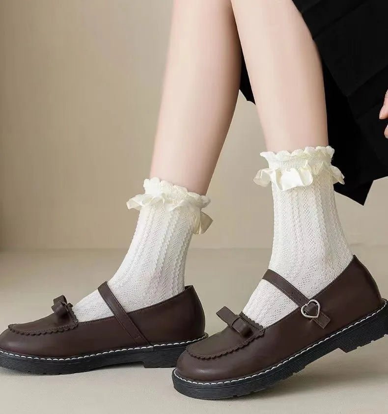 Women's Lolita Lace Ruffle Mesh Socks - Black White Sweet Japanese Fashion - lily supply