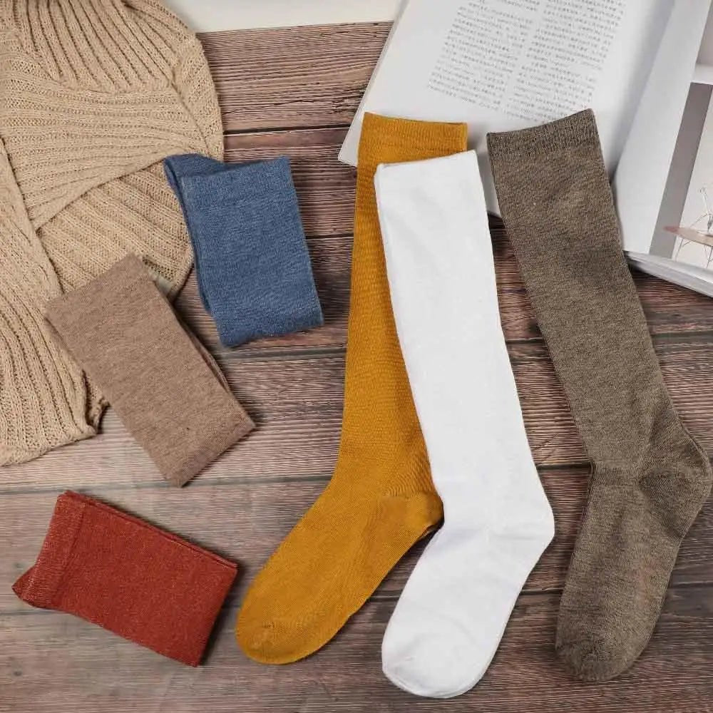 Women's JK Cotton Knee High Long Socks - Solid Colour Black White Calf Socks - lily supply