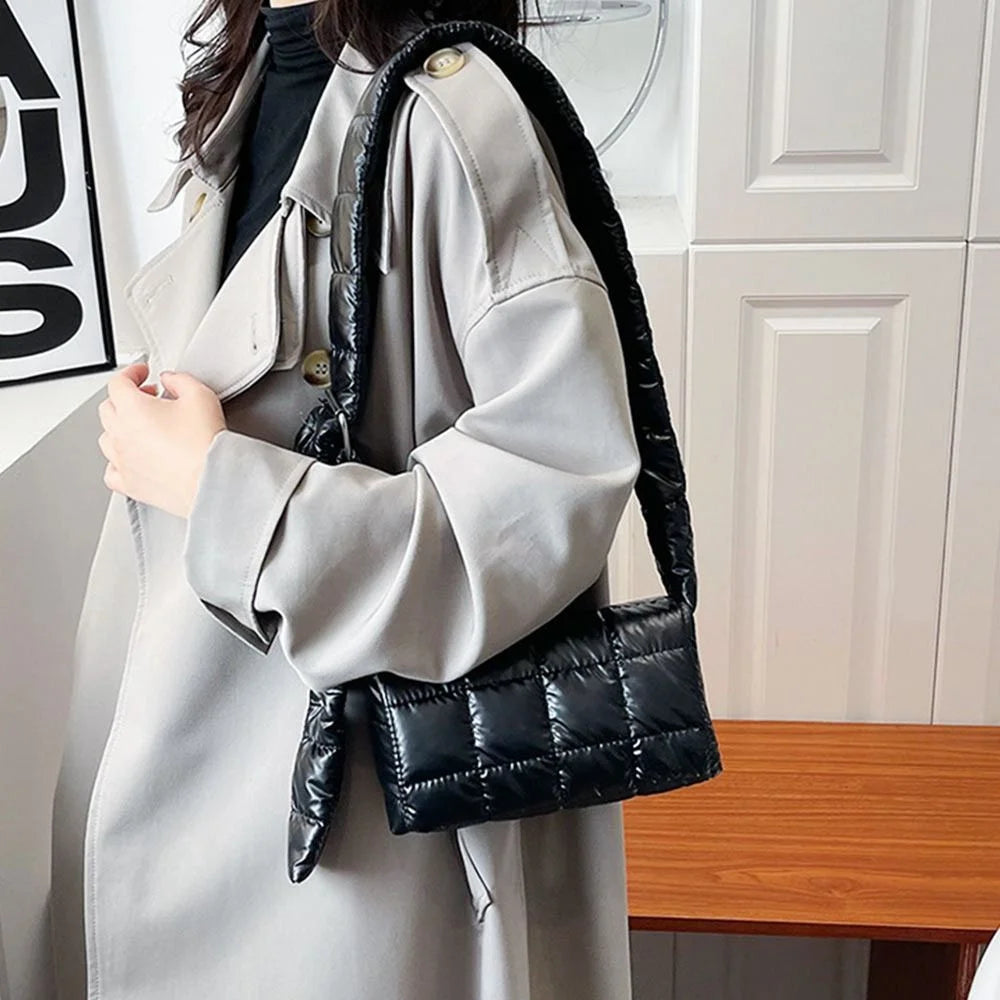 Fashion Quilted Padded Tote Bag - Warm Down Cotton Plaid Shoulder Bag