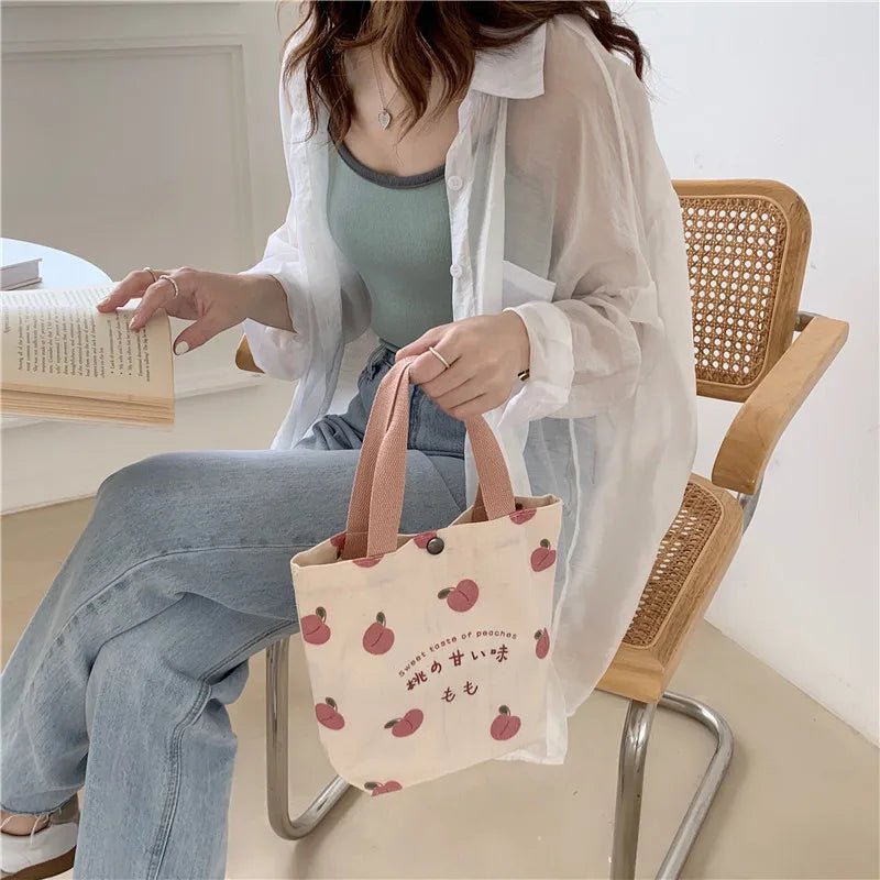 Japanese Peach Canvas Lunch Bag - Korean Mini Student Picnic Travel Bento Tote - lily supply