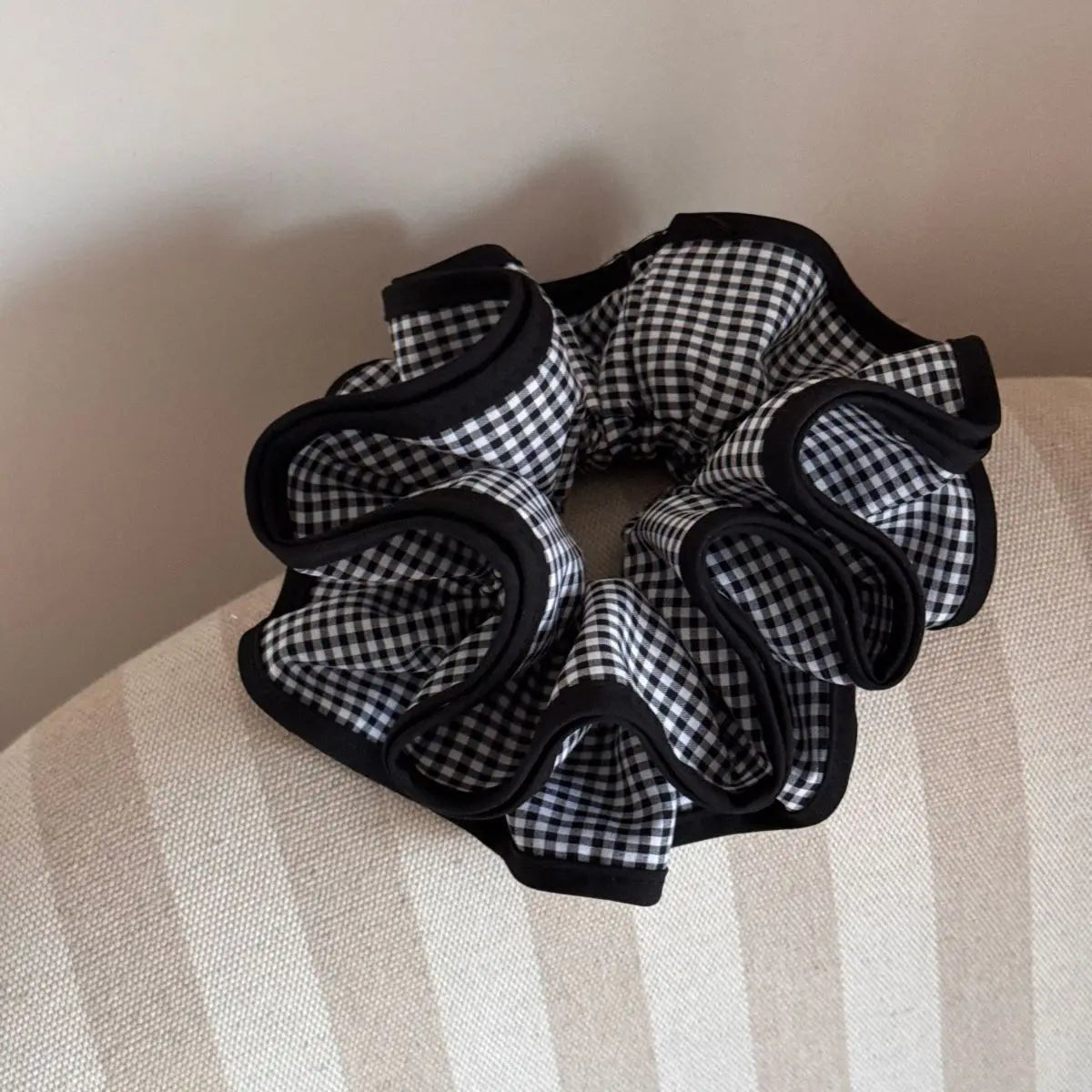 Large Black & White Checked Plaid Scrunchie - Ponytail Holder Hair Hoop - lily supply
