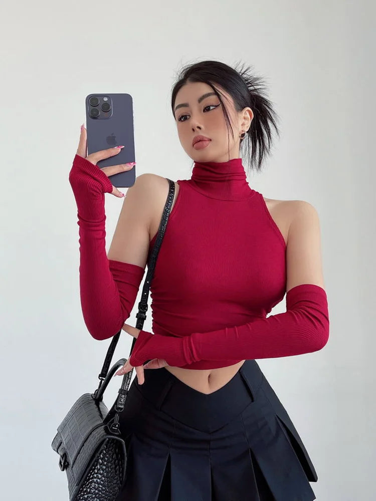 Women's High Neck Pleated Y2K Crop Top