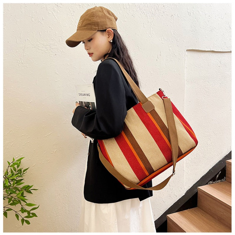 Women's Striped Canvas Crossbody Shoulder Bag - Large Tote 2023