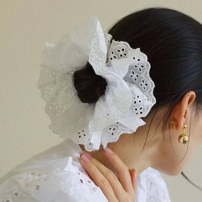 Oversized Lace French Hair Scrunchie - Elastic Ponytail Holder Headband - lily supply
