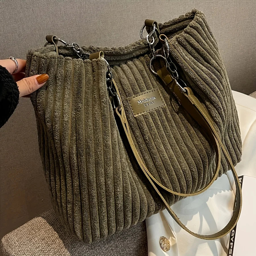 Women's Corduroy Plush Tote Bag - Large Capacity Commuter Travel Shoulder Bag