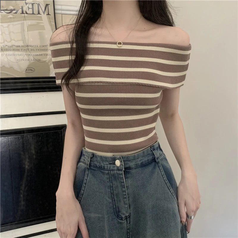 Women's Striped Knitted T-Shirt - Sexy Off Shoulder Short Sleeve Slim