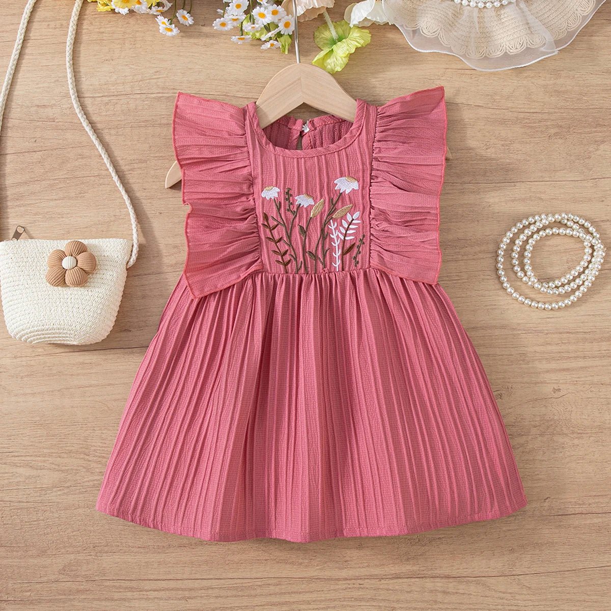 Girls' Cute Print Dress, Seasonal Change, Summer Fashion Round Neck Sleeveless Ruffle Knee - Length, Casual Versatile Party - lily supply