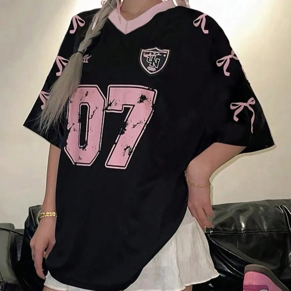 V - neck Sports Tennis T-shirts Teenagers Adolescent Number Print Female Crop Tops Casual Large Size Bow Letter Shirt - lily supply