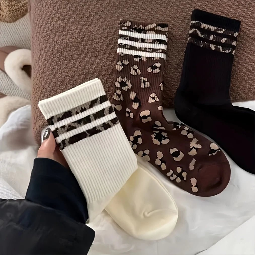 4 Pairs Women's Striped & Leopard Print Socks - Soft Breathable Fashion Mid Tube - lily supply