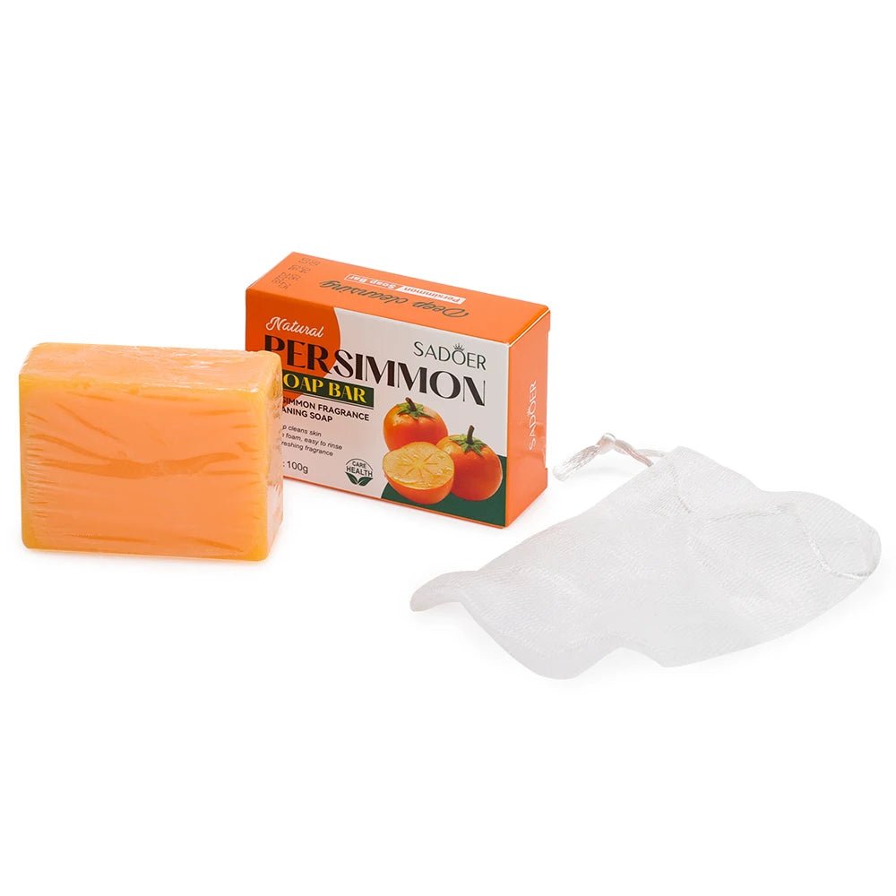 1/2PCS Persimmon Cleansing Soap Bar With Foaming Net Body Care Face Wash Exfoliating Whitening Soap Fruit Handmade Shower Soap - lily supply